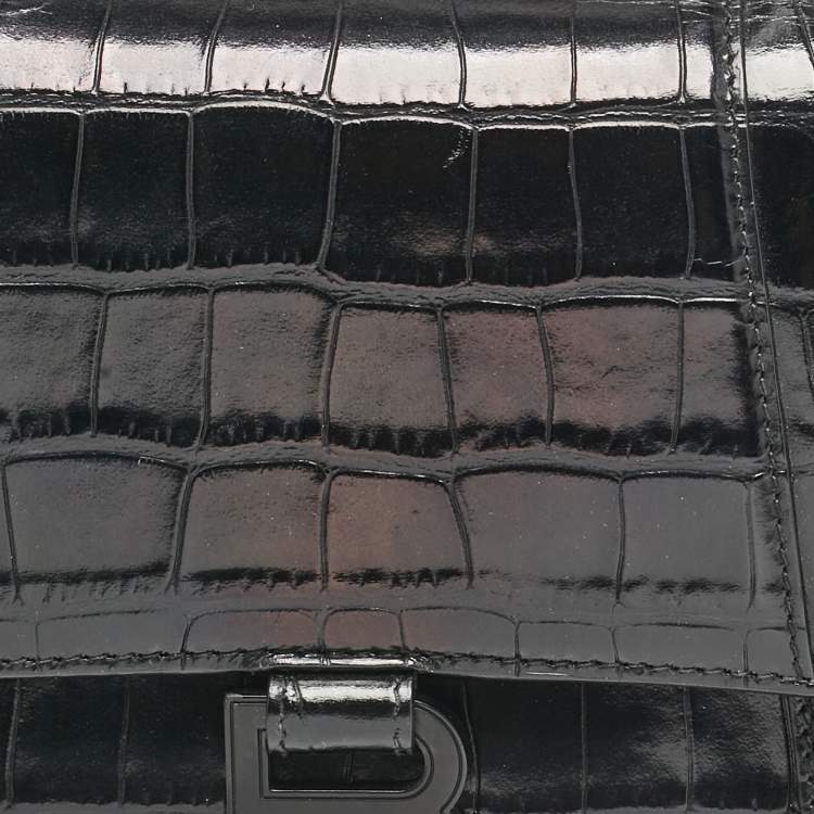 Pre Owned Balenciaga Black Croc Embossed Leather Small Hourglass Top Handle Bag