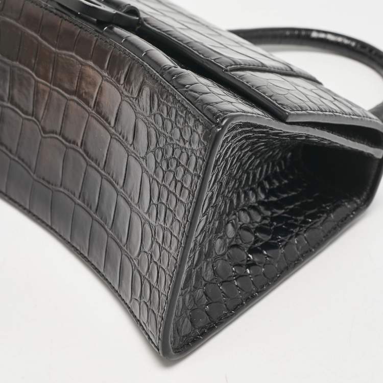 Pre Owned Balenciaga Black Croc Embossed Leather Small Hourglass Top Handle Bag
