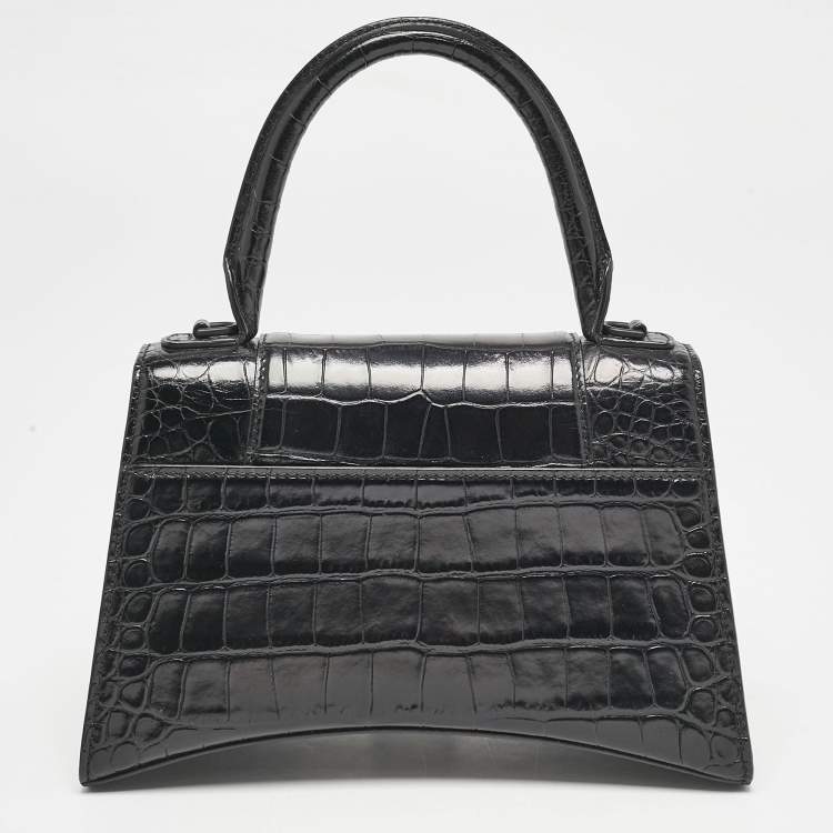 Pre Owned Balenciaga Black Croc Embossed Leather Small Hourglass Top Handle Bag