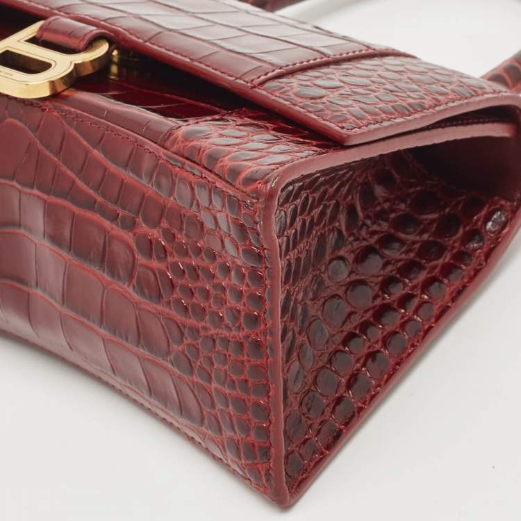 Pre Owned Balenciaga Burgundy Croc Embossed Leather Small Hourglass Top Handle Bag