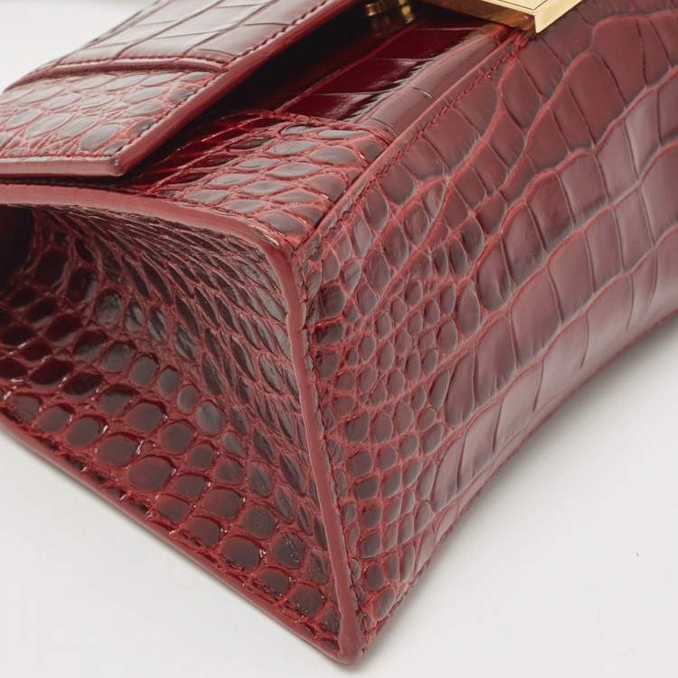 Pre Owned Balenciaga Burgundy Croc Embossed Leather Small Hourglass Top Handle Bag