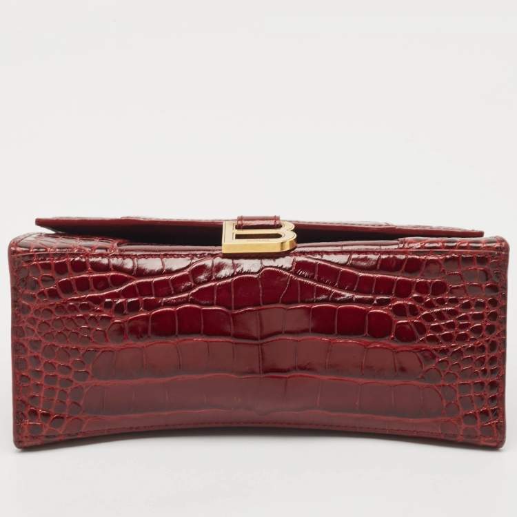 Pre Owned Balenciaga Burgundy Croc Embossed Leather Small Hourglass Top Handle Bag