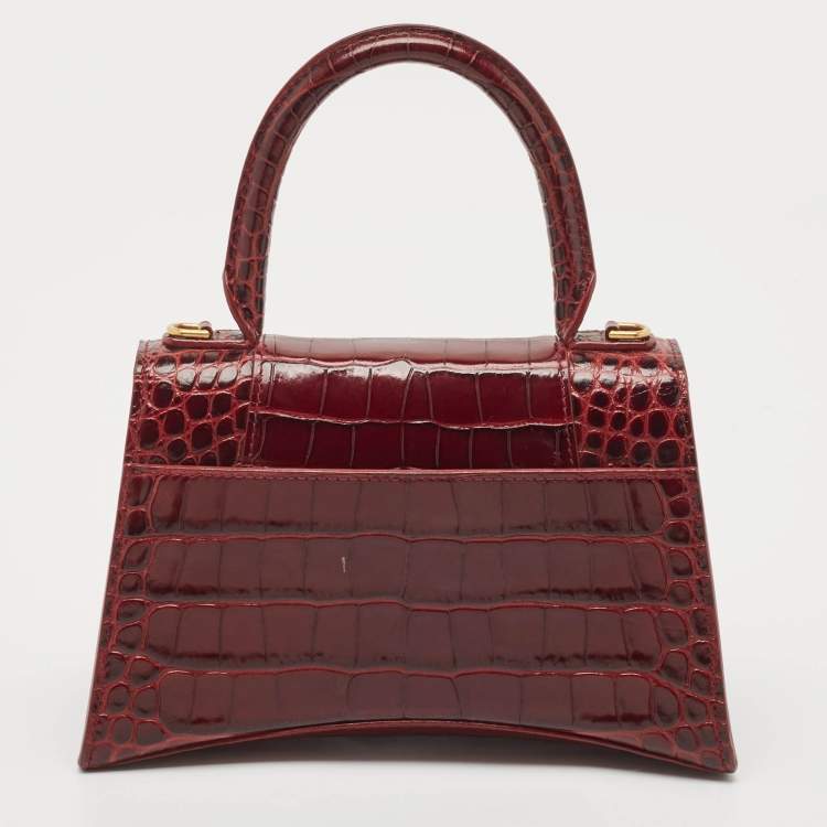 Pre Owned Balenciaga Burgundy Croc Embossed Leather Small Hourglass Top Handle Bag