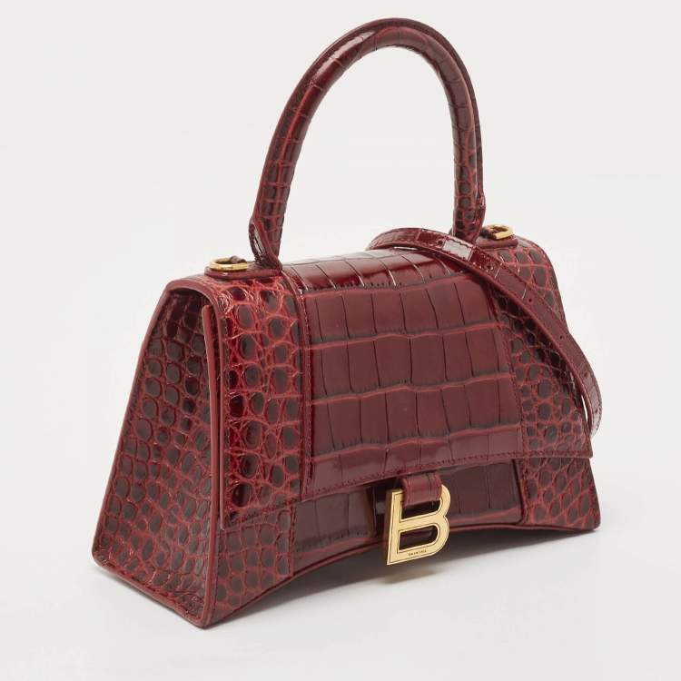 Pre Owned Balenciaga Burgundy Croc Embossed Leather Small Hourglass Top Handle Bag