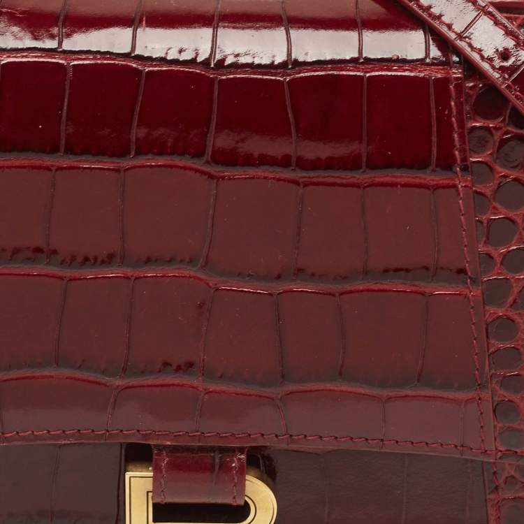 Pre Owned Balenciaga Burgundy Croc Embossed Leather Small Hourglass Top Handle Bag