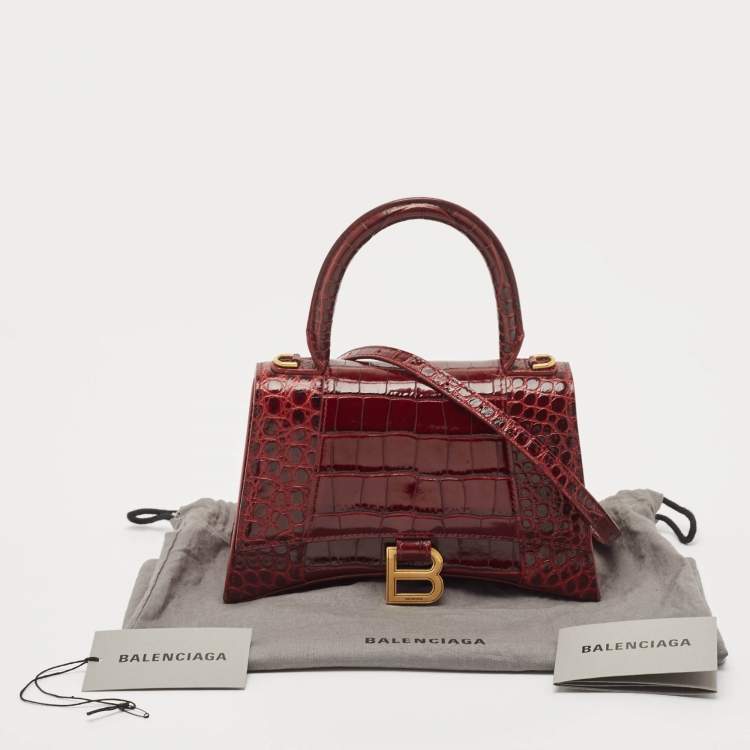 Pre Owned Balenciaga Burgundy Croc Embossed Leather Small Hourglass Top Handle Bag