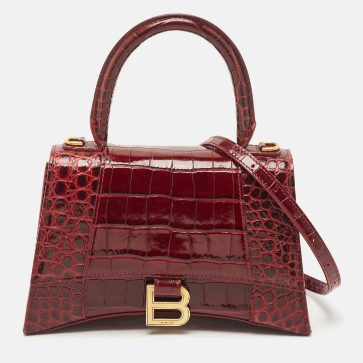 Pre Owned Balenciaga Burgundy Croc Embossed Leather Small Hourglass Top Handle Bag