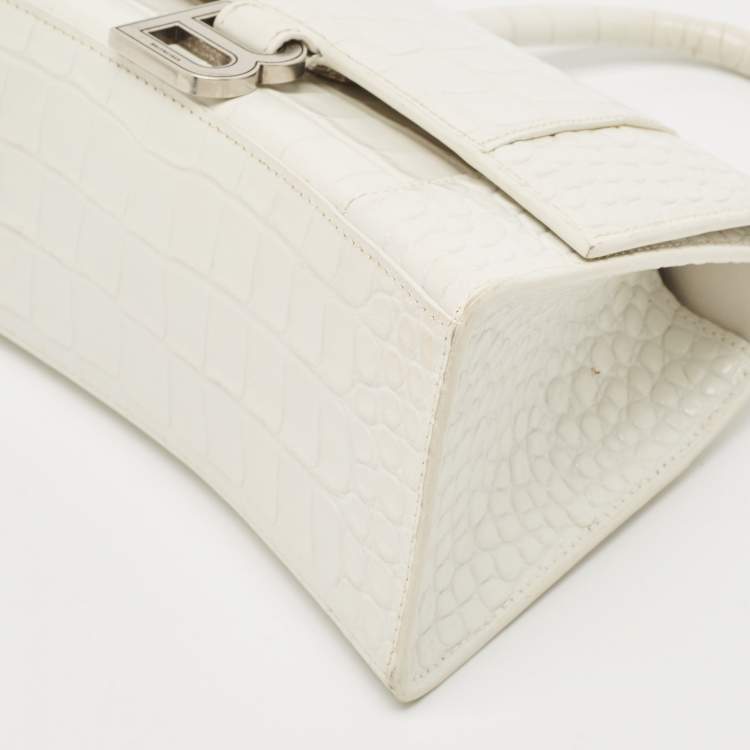 Pre Owned Balenciaga White Croc Embossed Leather Small Hourglass Top Handle Bag