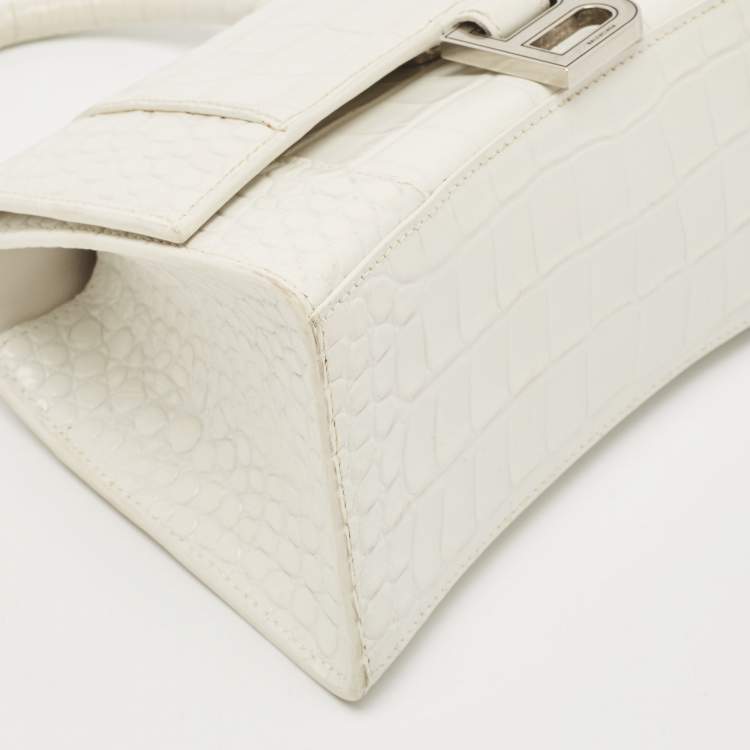 Pre Owned Balenciaga White Croc Embossed Leather Small Hourglass Top Handle Bag