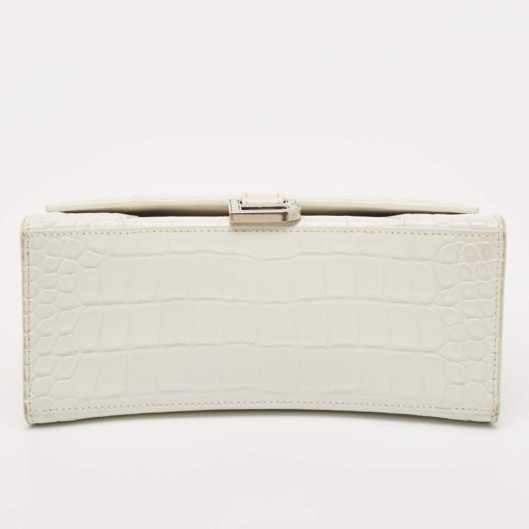 Pre Owned Balenciaga White Croc Embossed Leather Small Hourglass Top Handle Bag