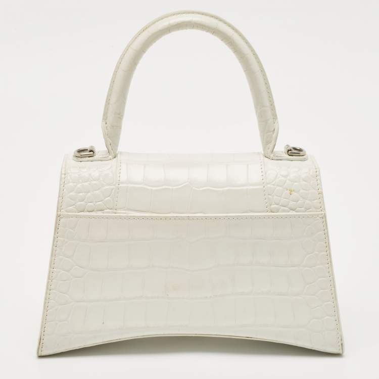Pre Owned Balenciaga White Croc Embossed Leather Small Hourglass Top Handle Bag
