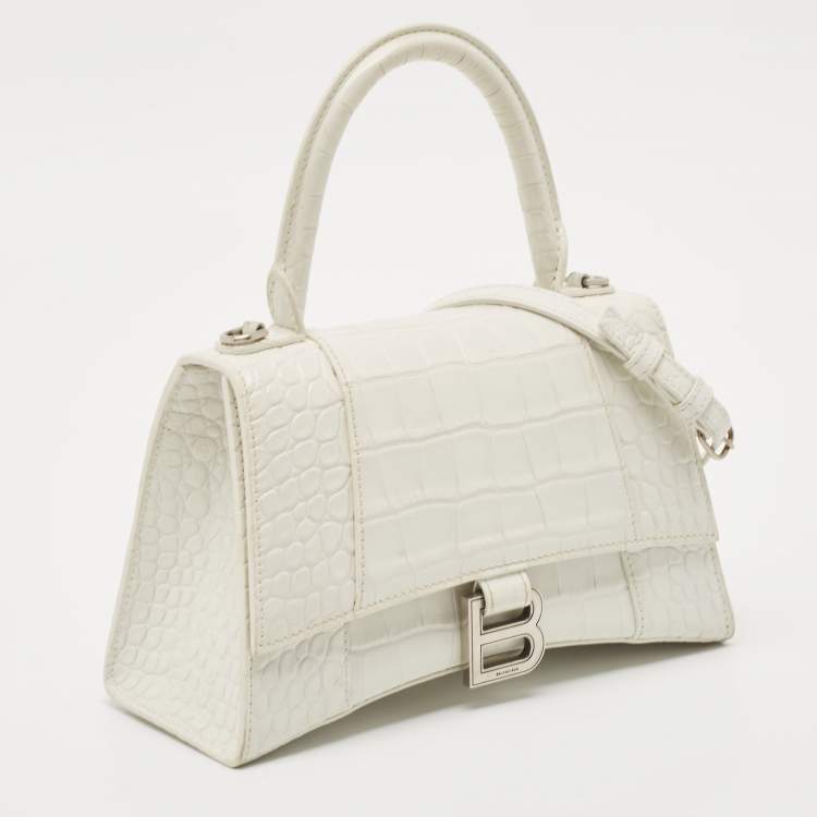 Pre Owned Balenciaga White Croc Embossed Leather Small Hourglass Top Handle Bag