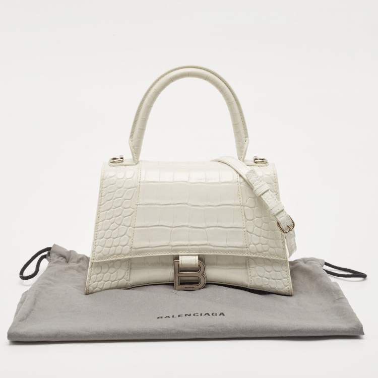 Pre Owned Balenciaga White Croc Embossed Leather Small Hourglass Top Handle Bag
