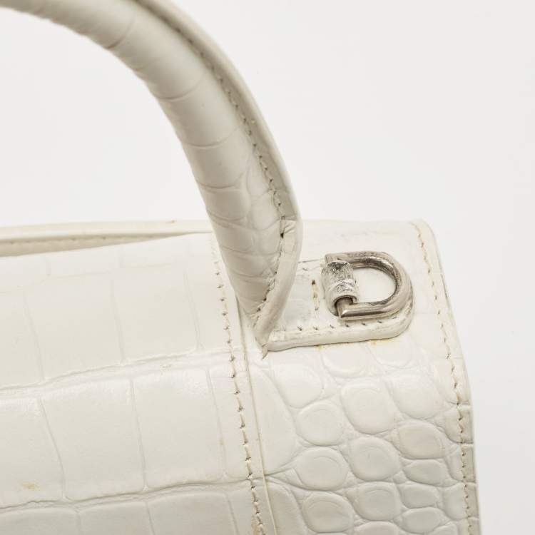 Pre Owned Balenciaga White Croc Embossed Leather Small Hourglass Top Handle Bag