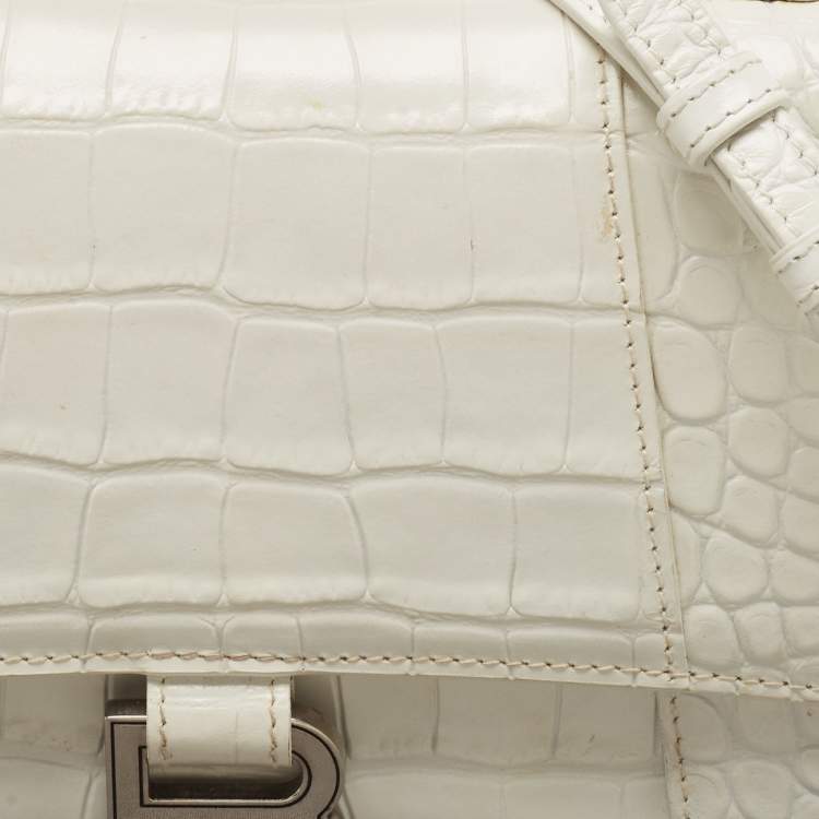 Pre Owned Balenciaga White Croc Embossed Leather Small Hourglass Top Handle Bag