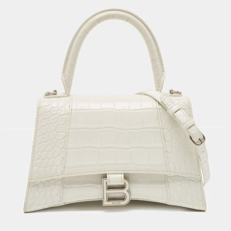 Pre Owned Balenciaga White Croc Embossed Leather Small Hourglass Top Handle Bag