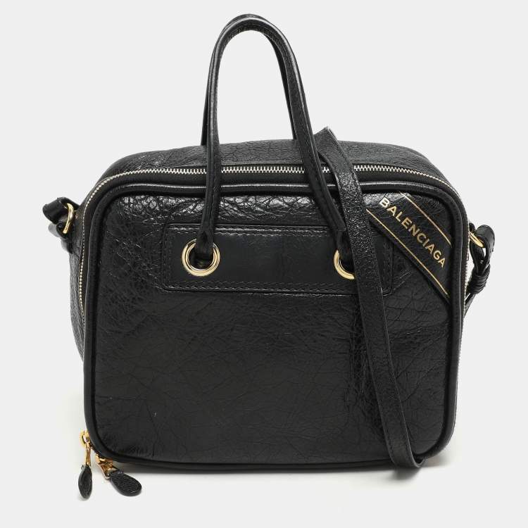 Pre Owned Balenciaga Black Crackle Leather Small Blanket Square Bag