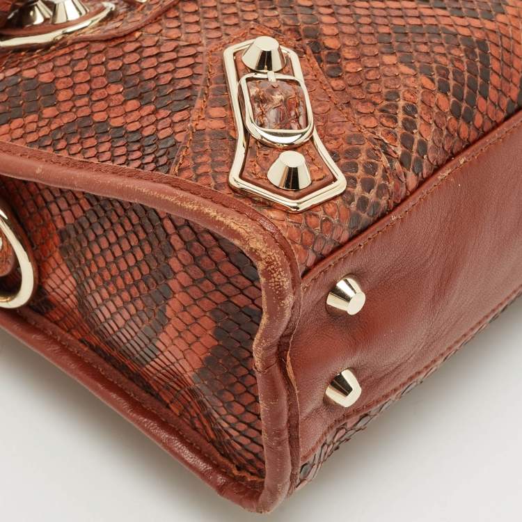 Pre Owned Balenciaga Brown/Black Python and Leather Mini Metallic Edge City Bag