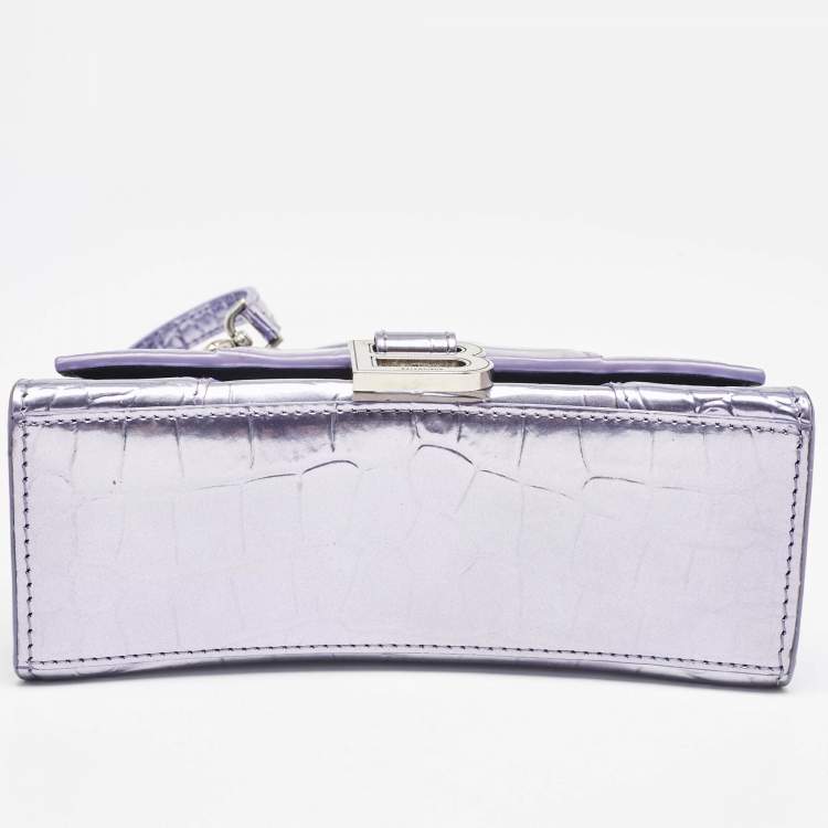 Pre Owned Balenciaga Metallic Lilac Croc Embossed Leather XS Hourglass Top Handle Bag  