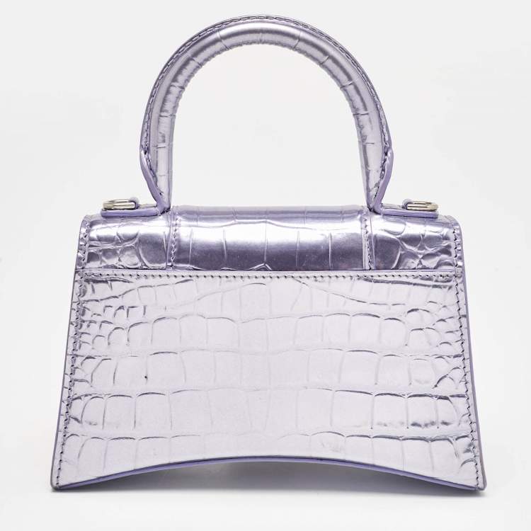 Pre Owned Balenciaga Metallic Lilac Croc Embossed Leather XS Hourglass Top Handle Bag  