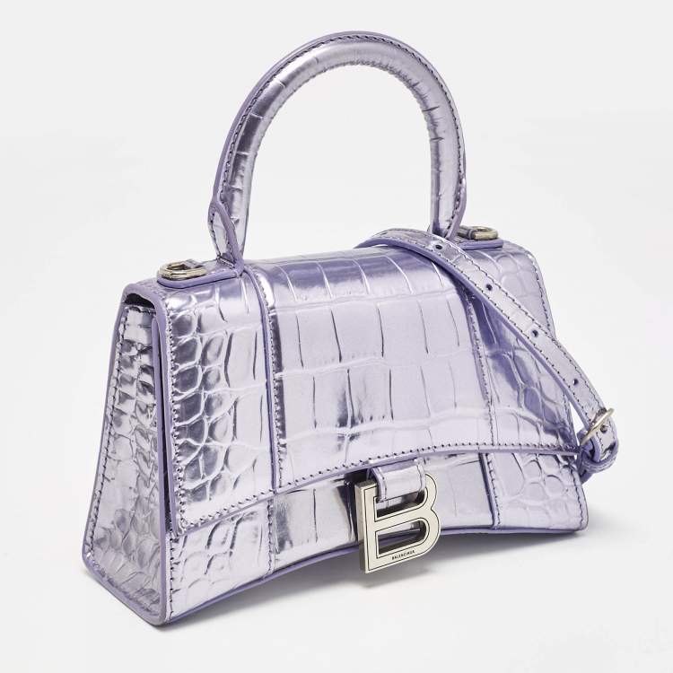Pre Owned Balenciaga Metallic Lilac Croc Embossed Leather XS Hourglass Top Handle Bag  