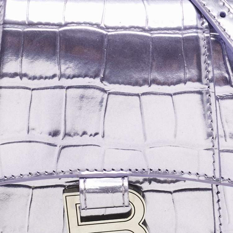 Pre Owned Balenciaga Metallic Lilac Croc Embossed Leather XS Hourglass Top Handle Bag  