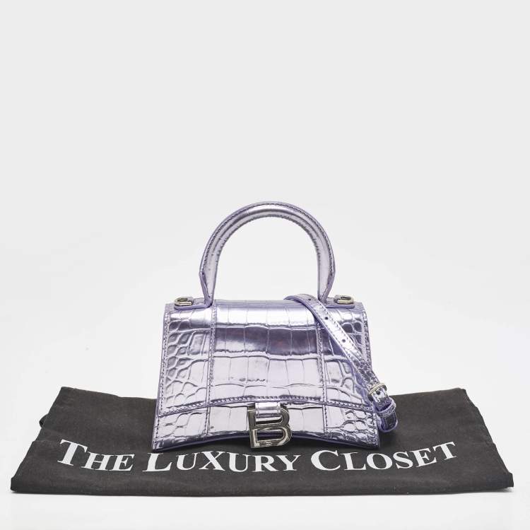 Pre Owned Balenciaga Metallic Lilac Croc Embossed Leather XS Hourglass Top Handle Bag  