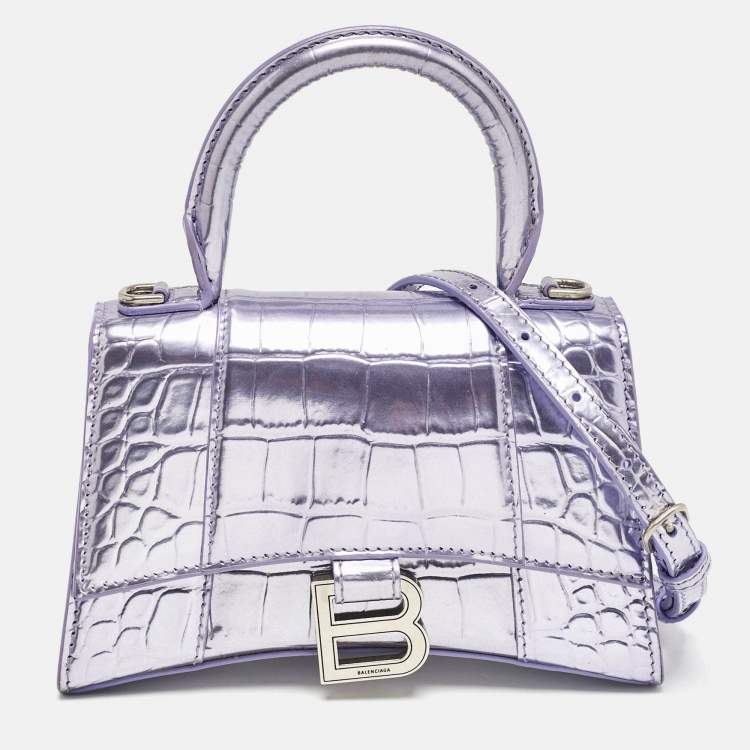 Pre Owned Balenciaga Metallic Lilac Croc Embossed Leather XS Hourglass Top Handle Bag  