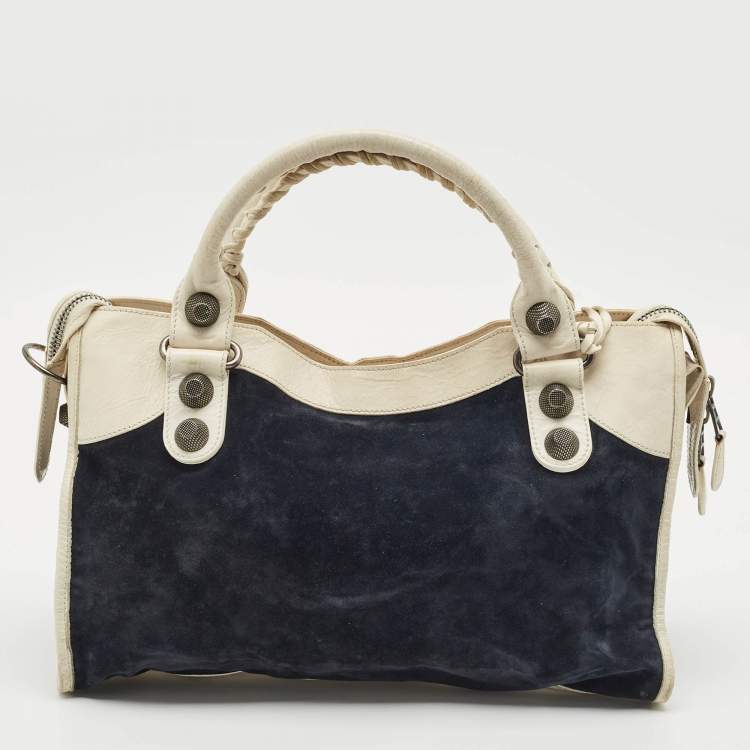 Pre Owned Balenciaga White/Black Suede and Leather GH Motorcycle City Bag