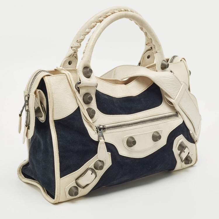 Pre Owned Balenciaga White/Black Suede and Leather GH Motorcycle City Bag