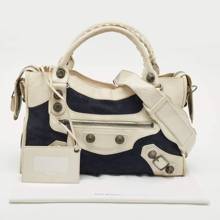 Pre Owned Balenciaga White/Black Suede and Leather GH Motorcycle City Bag