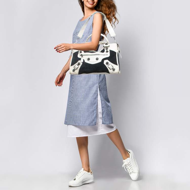 Pre Owned Balenciaga White/Black Suede and Leather GH Motorcycle City Bag