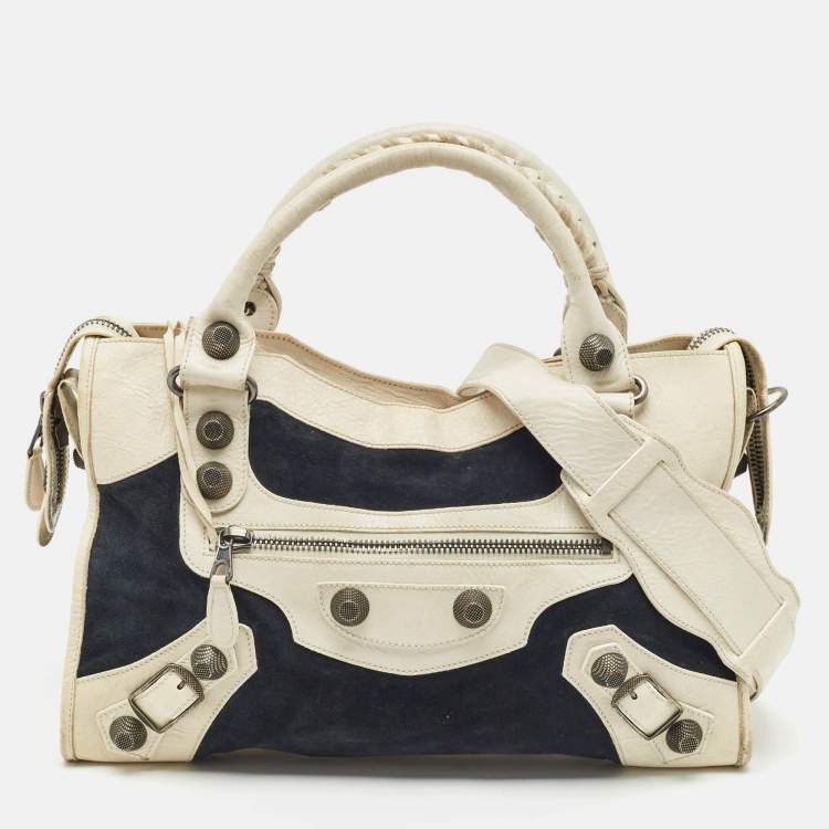 Pre Owned Balenciaga White/Black Suede and Leather GH Motorcycle City Bag