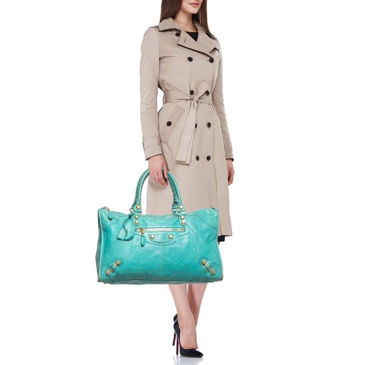 Pre Owned Balenciaga Turquoise Blue Leather Giant 12 Gold Hardware Work Tote