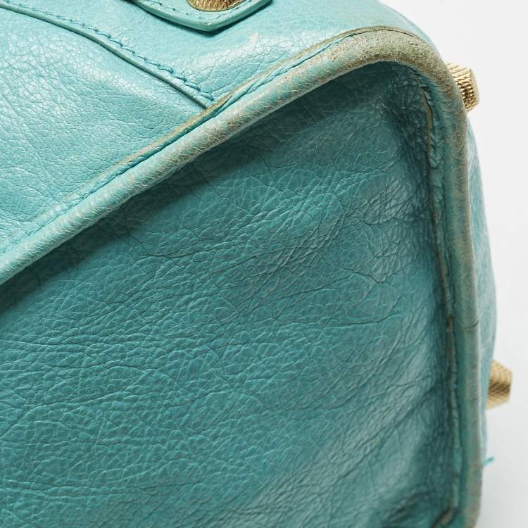 Pre Owned Balenciaga Turquoise Blue Leather Giant 12 Gold Hardware Work Tote