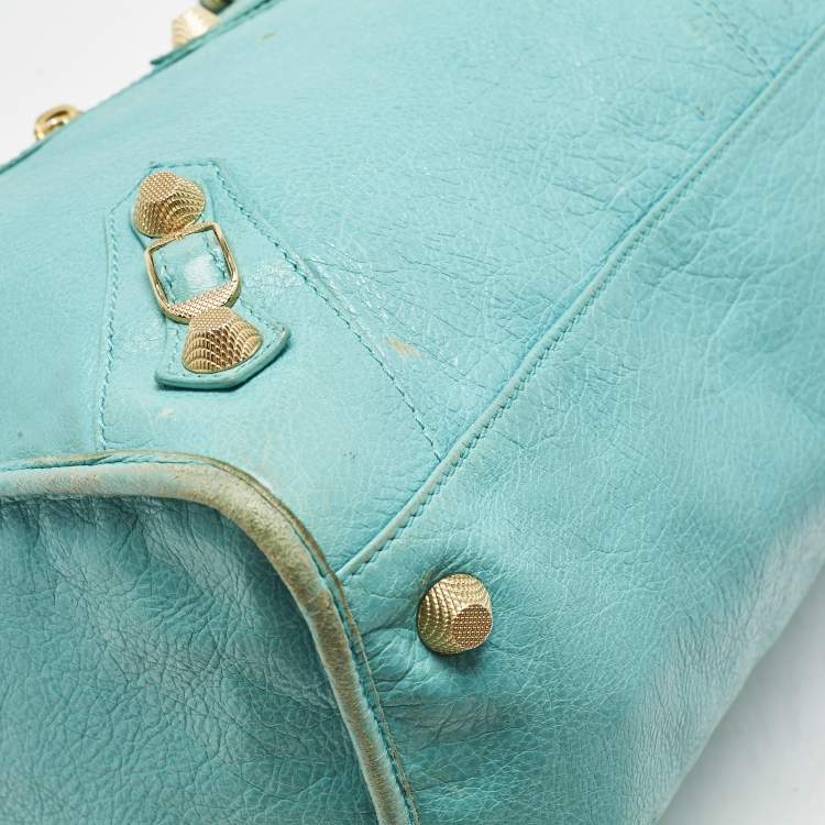 Pre Owned Balenciaga Turquoise Blue Leather Giant 12 Gold Hardware Work Tote