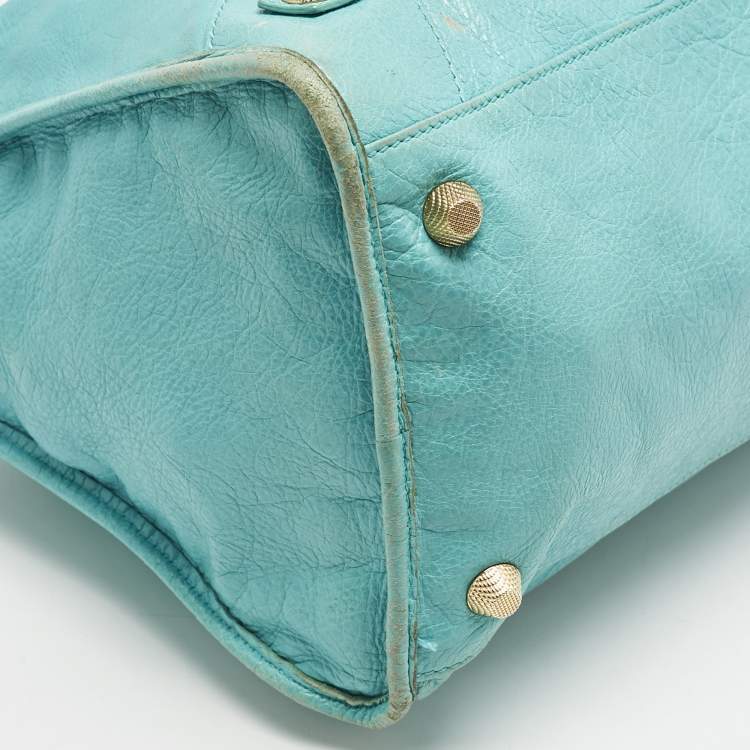 Pre Owned Balenciaga Turquoise Blue Leather Giant 12 Gold Hardware Work Tote