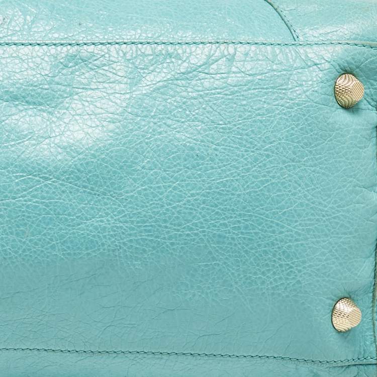 Pre Owned Balenciaga Turquoise Blue Leather Giant 12 Gold Hardware Work Tote