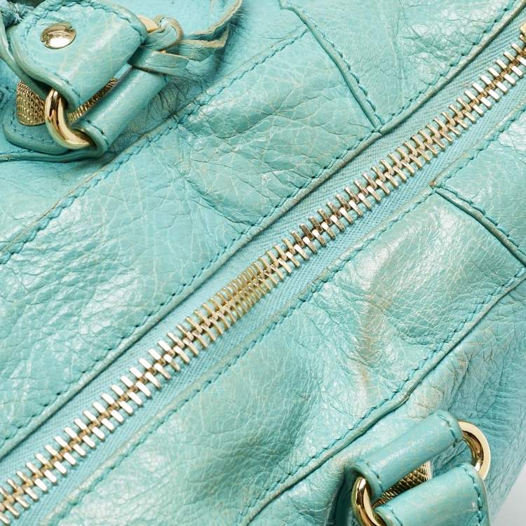 Pre Owned Balenciaga Turquoise Blue Leather Giant 12 Gold Hardware Work Tote