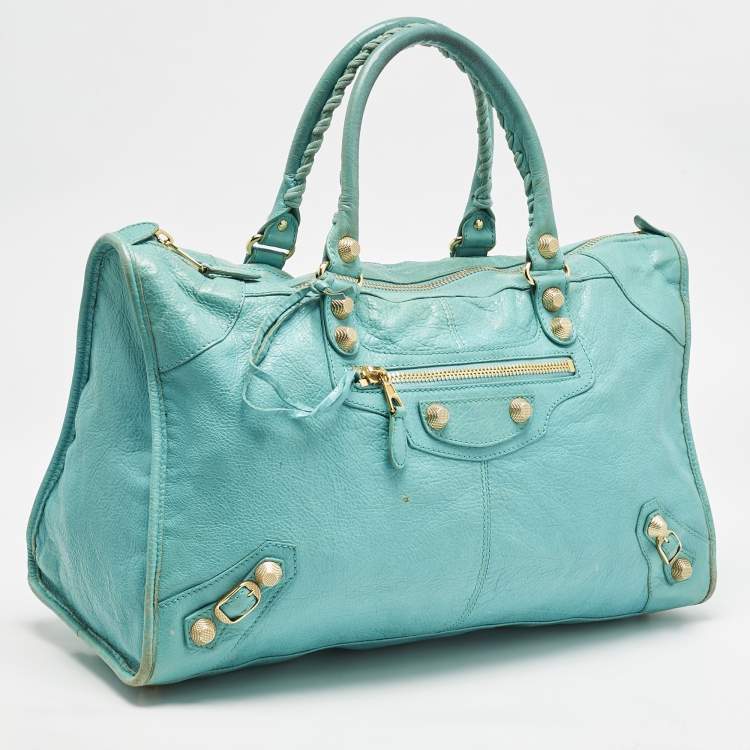 Pre Owned Balenciaga Turquoise Blue Leather Giant 12 Gold Hardware Work Tote