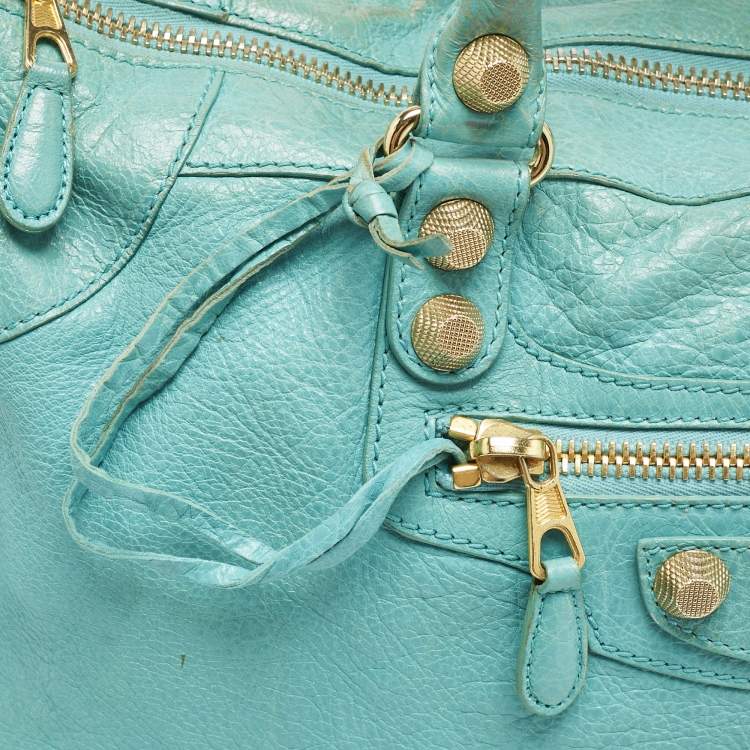 Pre Owned Balenciaga Turquoise Blue Leather Giant 12 Gold Hardware Work Tote