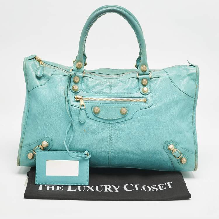 Pre Owned Balenciaga Turquoise Blue Leather Giant 12 Gold Hardware Work Tote