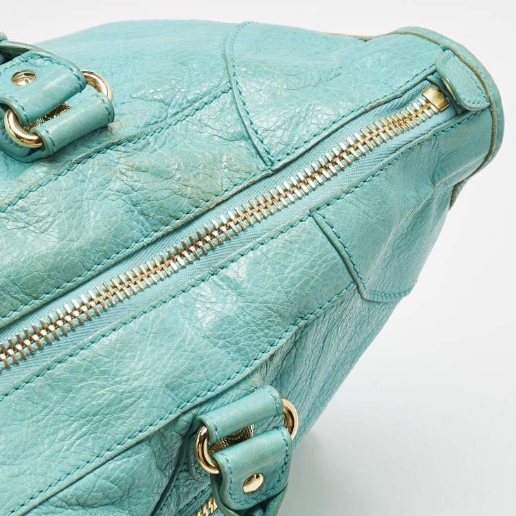 Pre Owned Balenciaga Turquoise Blue Leather Giant 12 Gold Hardware Work Tote