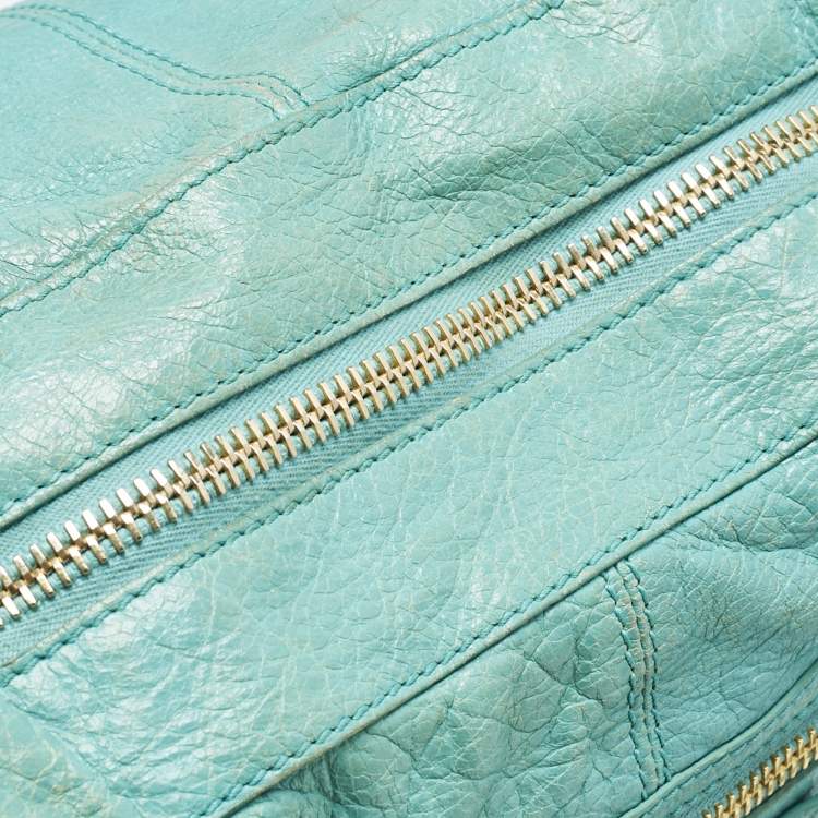 Pre Owned Balenciaga Turquoise Blue Leather Giant 12 Gold Hardware Work Tote