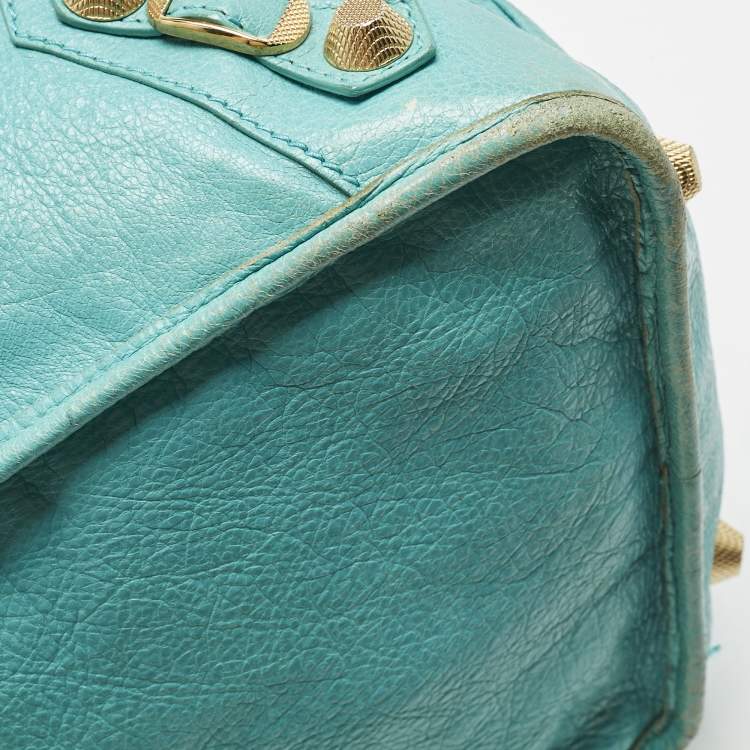 Pre Owned Balenciaga Turquoise Blue Leather Giant 12 Gold Hardware Work Tote