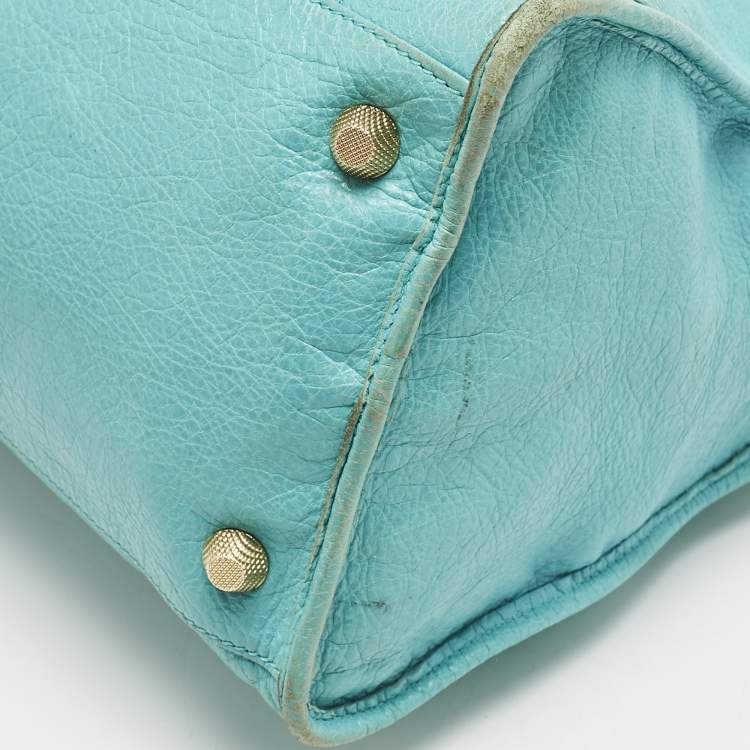 Pre Owned Balenciaga Turquoise Blue Leather Giant 12 Gold Hardware Work Tote