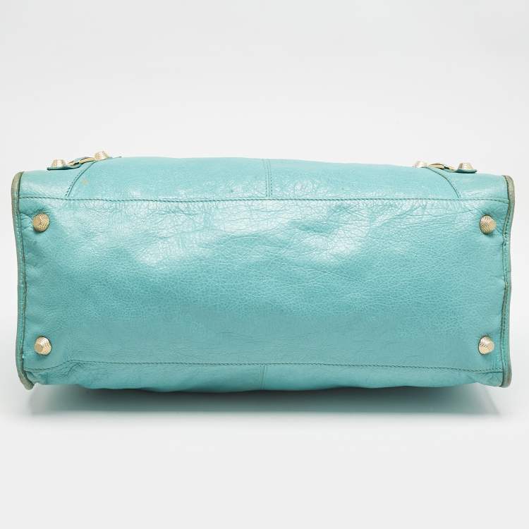 Pre Owned Balenciaga Turquoise Blue Leather Giant 12 Gold Hardware Work Tote