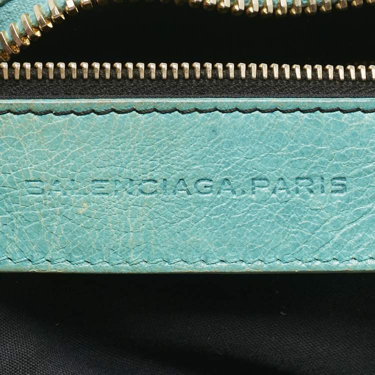 Pre Owned Balenciaga Turquoise Blue Leather Giant 12 Gold Hardware Work Tote