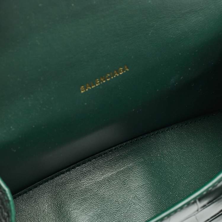 Pre Owned Balenciaga Green Croc Embossed Leather XS Hourglass Top Handle Bag