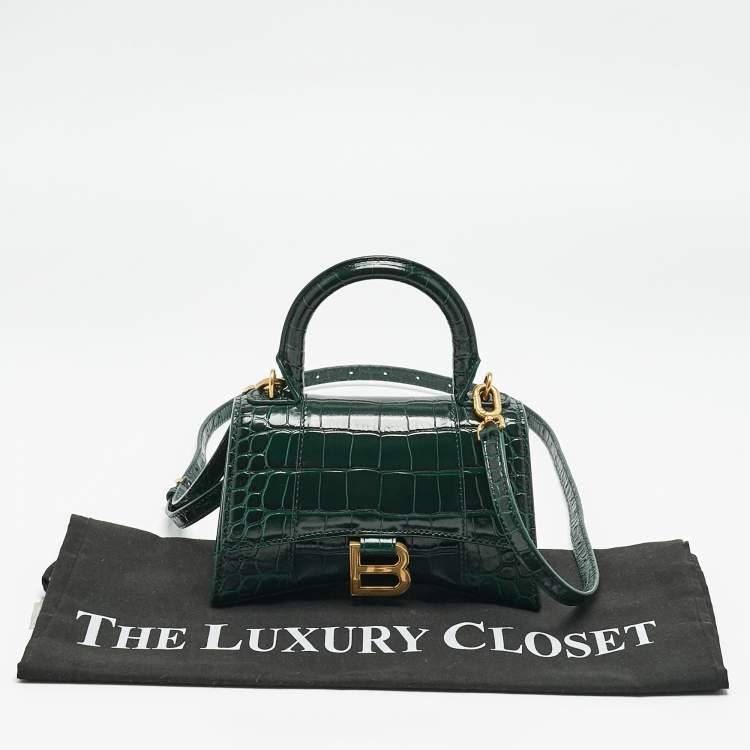 Pre Owned Balenciaga Green Croc Embossed Leather XS Hourglass Top Handle Bag